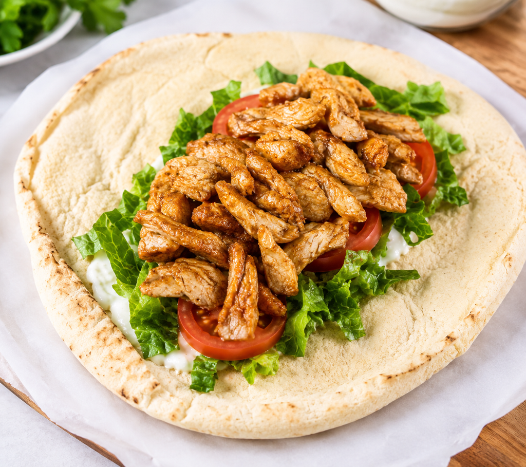 Chicken shawarma open pita with lettuce and tomato
